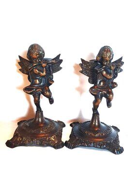 Vintage Bronze Cherub Flute Candle Holders Pair | Putti Angel Candlesticks